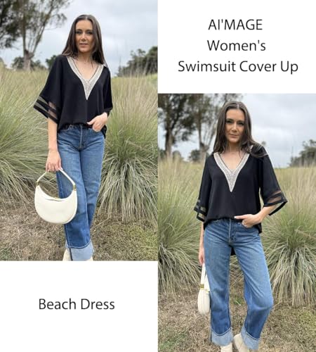 Women's Beach Cover Up - 3/4 Bell Sleeve Deep V-Neck - Black, X-Large