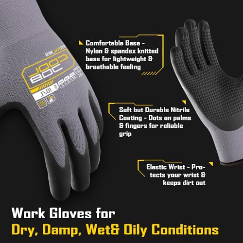 COOLJOB 12 Pairs Nitrile Rubber Coated Nylon Safety Work Gloves Pack Bulk, Dotted for Non-Slip Grip, Breathable Soft Seamless Knit Nitrile Dipped Gloves for Warehouse, Home Improvement, Yard, Large