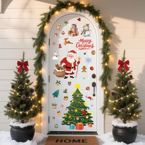 Christmas Wall Decals Removable - Winter Peel and Stick Window Clings, 6-Sheet Set with Snowman, Santa Claus, Large Christmas Tree Designs for Home, Office, Bedroom, Living Room, Party Winter Decor