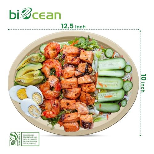 Biocean 12.5 Inch Compostable Oval Plates 125-Pack Natural Sugarcane Bagasse Eco-Friendly