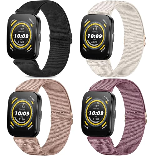 4 Pack Stretchy Nylon Watch Bands for Amazfit Bip & GTR - Black, Starlight, Rose Pink, Smoke Violet