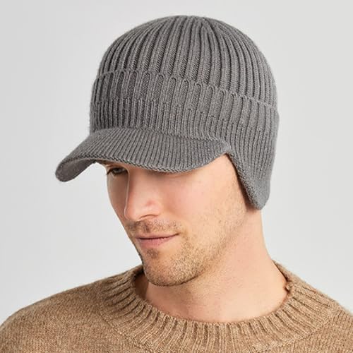 Men's Winter Knitted Baseball Beanie with Earflaps - Grey