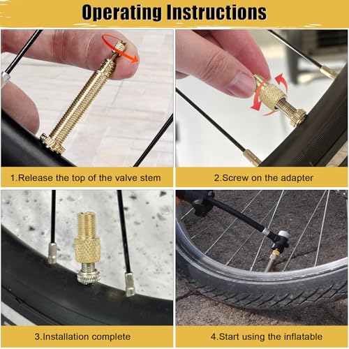 4-Pack Brass Presta to Schrader Valve Adapter Kit with Valve Caps