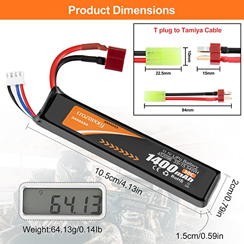 11.1V 1400mAh 30C LiPo Airsoft Battery with T Plug & Mini Tamiya