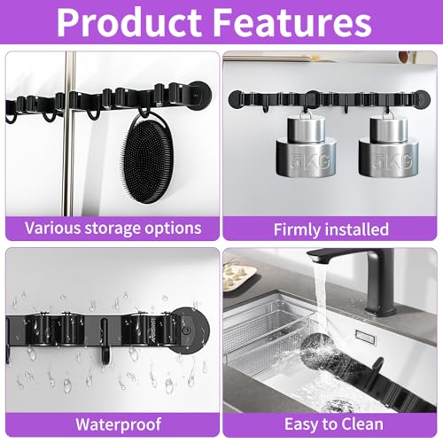 Magnetic Broom Holder Wall Mount - Heavy Duty Non-Slip Mop Hanger with 4 Hooks And 5 Rack, No Drill Tool Organizer for Refrigerator,Garage,Laundry Room (Black, 5Racks 4Hooks)