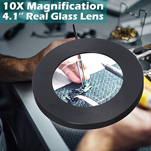 10X Magnifying Glass with Light and Stand, KUVRS Magnetic Helping Hands Soldering Station, PCB Holder Magnifying Lamp, 3 Color Adjustable Arm Hands Free Magnifier with Light for Soldering Craft Hobby