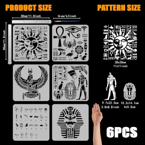 FINGERINSPIRE 6 Pcs Egypt Theme Painting Template with Brush 11.8x11.8inch Egyptian Writing Painting Template Pharaoh Skull Stencil Sun Stencils Reusable DIY Art Craft Stencil for Wood Floor Wall