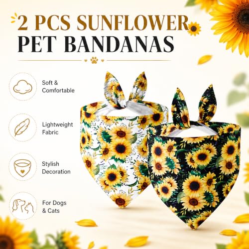Sunflower Dog Bandanas 2-Pack Adjustable Cotton Scarves for Small to Large Dogs & Cats