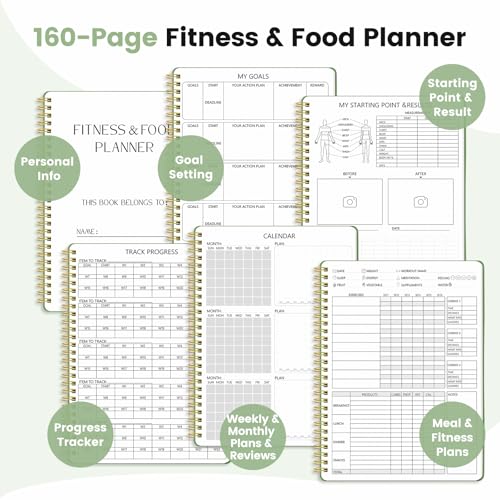 Dapsang Green Fitness Journal for Women & Men, Undated Workout & Nutrition Planner with Measuring Tape, 9.5x7 inches