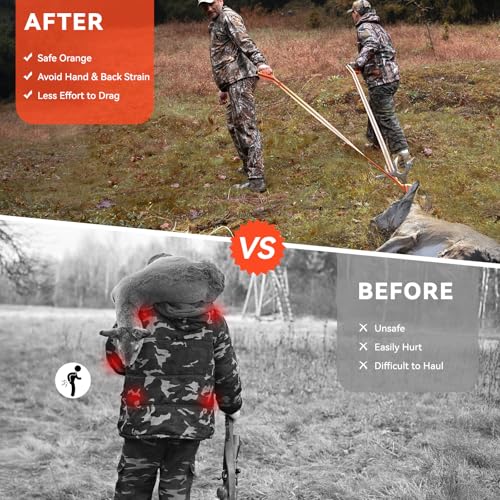 GearOZ 2-Pack Deer Drag Ropes with Harness, 76" Reflective Orange Drag Straps with Handles