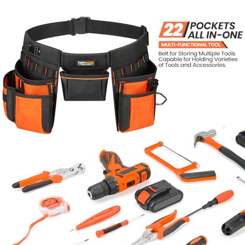 Tool Belt with Multiple Pockets, Heavy Duty Construction Pouch, Black and Orange