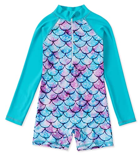 Kids One-Piece Swimwear Rash Guard - Mermaid/Floral - 7-8 Years / Blue