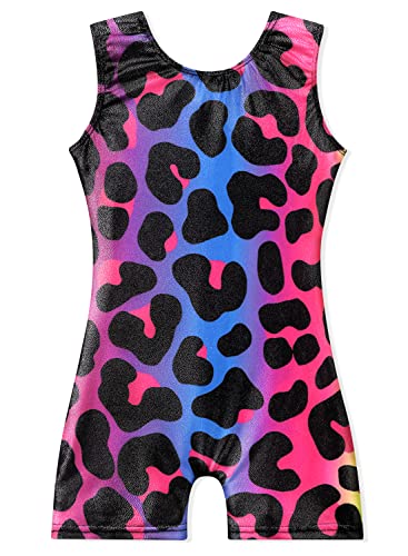 Gymnastics Leotard for Girls - Sparkly Rainbow Leopard Unitard, 9-10 Years