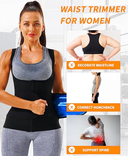 Sauna Vest for Women - Zipper Waist Trainer Shapewear, Blue Lining, Large