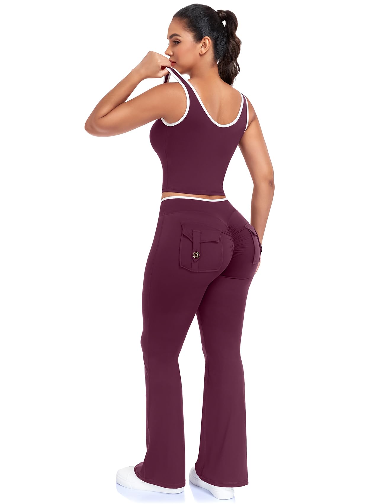 SEASUM Women's Tank Top with Built-in Bra, Longline Backless Scoop Neck Sports Crop Top, Contrast Binding,Removable Pads for Workout Gym Purple S
