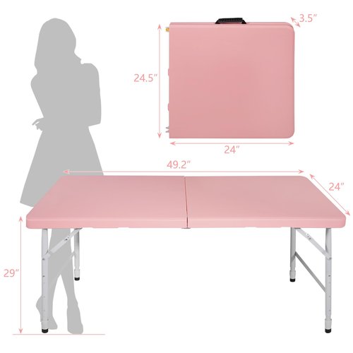 SculPong 4 FT Folding Table with Carry Handle, Portable Fold-in-Half Plastic Table, Rectangle Foldable Table for Indoor/Outdoor Pink