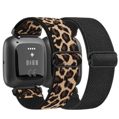 Adjustable Elastic Bands for Fitbit Versa 2 - Black & Leopard, 2-Pack