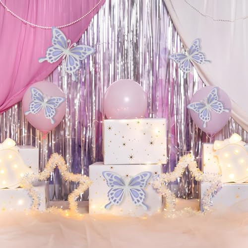12 Pcs Large Butterfly Party Decoration 3D Butterfly Wall Decor, 2 Sizes Big Paper Butterfly Cutouts Stickers for Birthday Party Baby Shower Bedroom Wedding, Silver and Purple