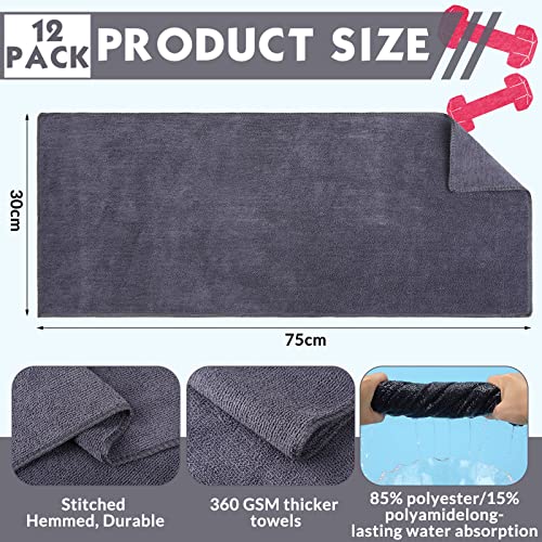 Handepo Gray Microfiber Gym Towels 12 Pack, 12x30 Inch Fast Dry Workout Towels