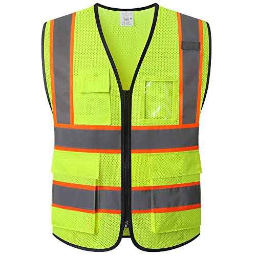 Reflective Mesh Safety Vest for Men Women with 5 Pockets and Zipper Front High Visibility Mesh Vest Hi Vis Construction Work Vest,Meets ANSI/ISEA Standards(EK175-Yellow-L)