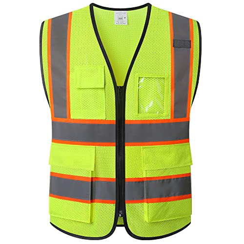 Reflective Mesh Safety Vest for Men Women with 5 Pockets and Zipper Front High Visibility Mesh Vest Hi Vis Construction Work Vest,Meets ANSI/ISEA Standards(EK175-Yellow-L)