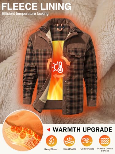 Gihuo Men's Large Coffee Sherpa-Lined Flannel Shirt Jacket - Warm Outdoor Coat