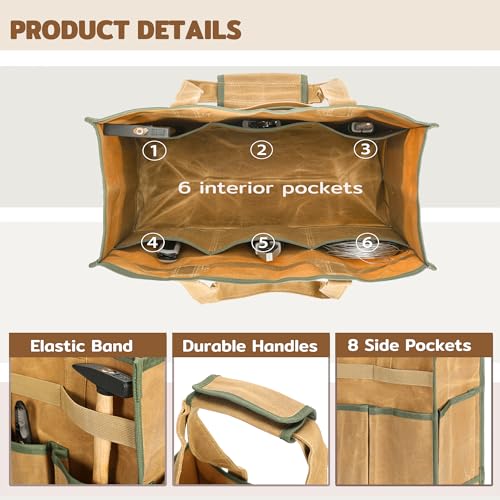 Heavy-Duty Waxed Canvas Tool Tote Bag ? Large Capacity Tool Organizer with 14 External Pockets & Padded Handle | Durable Storage Tote for Contractors, Electricians & DIY (16.5" x 7" x 12", Khaki)