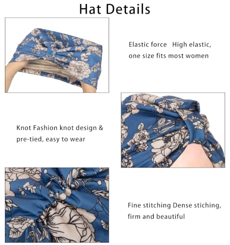 Satin Lined Chemo Turban Beanie Head Wrap - Blue & Floral