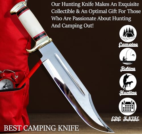 RISING CRAFTS Bone Crocodile Dundee Bowie Knife 14-inch Mirror Polished Hunting & Survival Knife with Leather Sheath – Outdoor Tactical Gift for Men