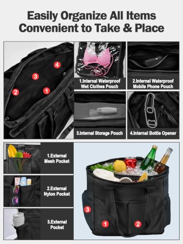 Odoland 2-in-1 Beach Cooler Bag 24 Can + 13L Dry Storage, Black, 26L Capacity