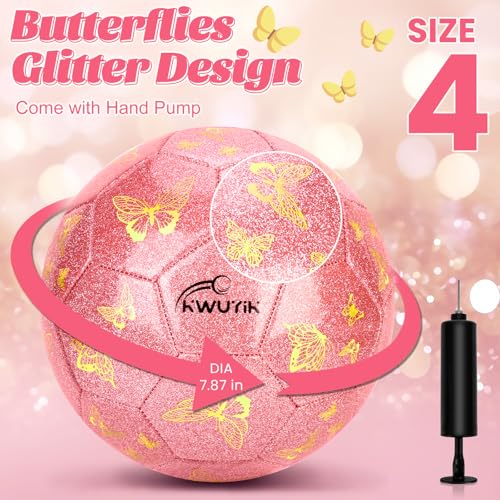 OKWUYiK Pink Glitter Butterfly Soccer Ball Size 4 - Kids Soccer Toy, Indoor/Outdoor