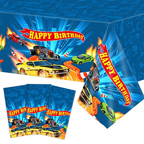 3-Pack Kids Racing Car Plastic Tablecloths - Birthday Party Supplies, 54x108 Inches