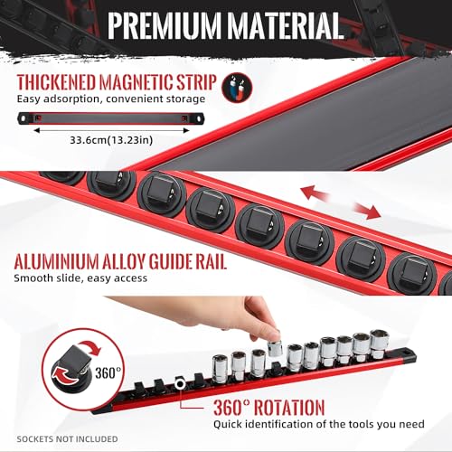 Magnetic Socket Organizer, 3-Piece Heavty Duty Aluminum Socket Holder, Socket Rail for Tool Box, Premium Quality 360¡Æ Swivel Socket Rack Kit with 40 Clips for 1/2, 3/8, 1/4-Inch(Red)