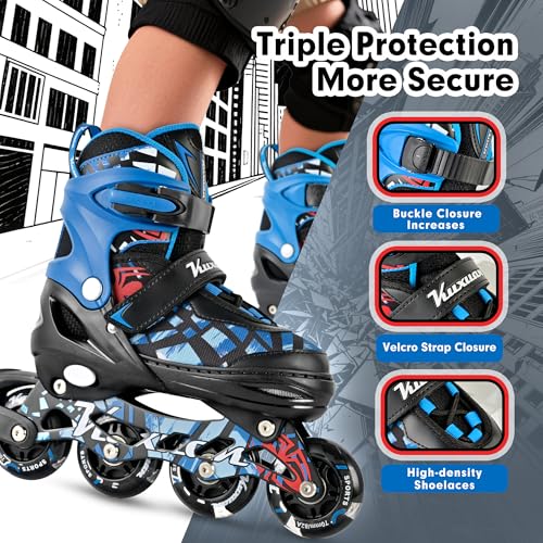 Kuxuan Kids Adjustable Inline Skates with Light-Up Wheels - Spider Blue, Large (Ages 5-12)