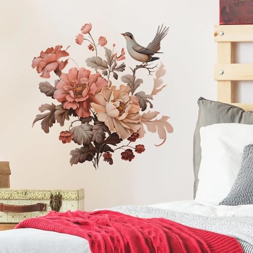 Peony Magpie Flower Wall Stickers, sacinora Chinese Style Floral Art Wall Decals Removable Vinyl Peel and Stick for Living Room Bedroom Nursery Decorations