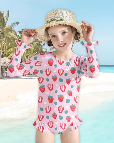 Toddler Girls One-Piece Swimsuit - Long Sleeve Ruffle Zipper Bathing Suit UPF 50+ - Pink Strawberry (3-4T)