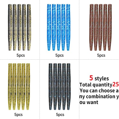 Soft Plastic Worms Fishing Lures Kit with Jig Heads - 25pcs, 5 Colors