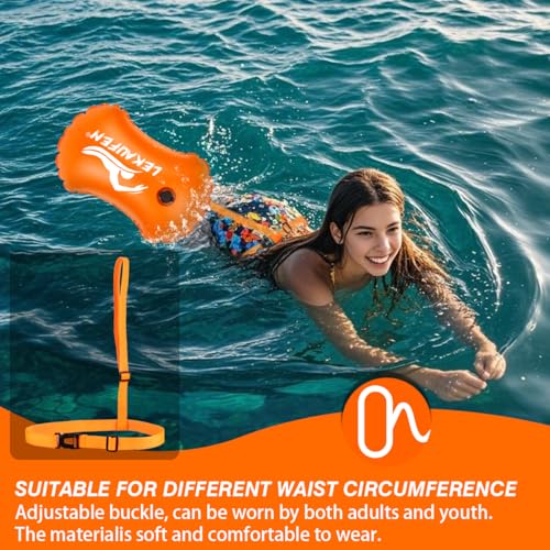 LeKaufen Inflatable Open Water Swim Buoy - Bright Orange and Yellow Safety Float