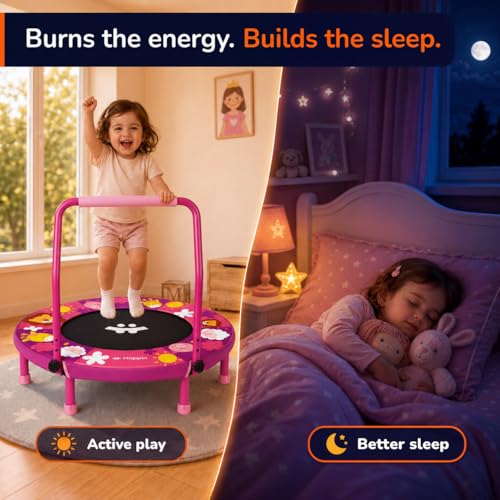 Toddler Trampoline Indoor 36'' - Foldable Mini Trampoline for Kids, Adjustable Handle, ASTM Certified, Purple & Coral