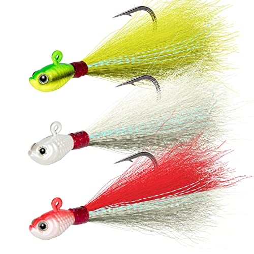 Dr.Fish 3 Pack Saltwater & Freshwater Bucktail Jig Lures - White, Chartreuse, Red & White, 1/4 oz