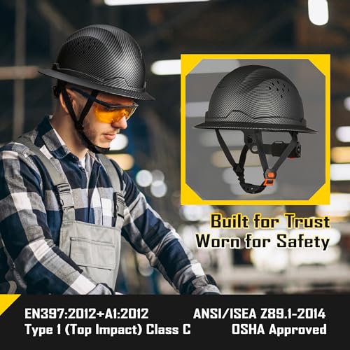 COOLJOB Full Brim Hard Hat, Vented Construction Safety Helmet OSHA Approved, 6-Point Ratchet Suspension, Carbon Fiber Pattern Design