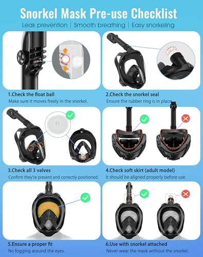 Full Face Snorkel Mask for Adults - 180° Panoramic View, Anti-Fog, Black / Large / X-Large