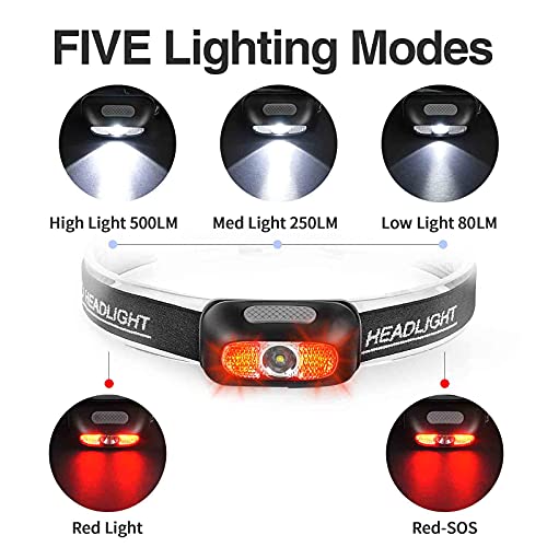 Rechargeable LED Headlamp 500 Lumen with Red Light - 1 Pack Black
