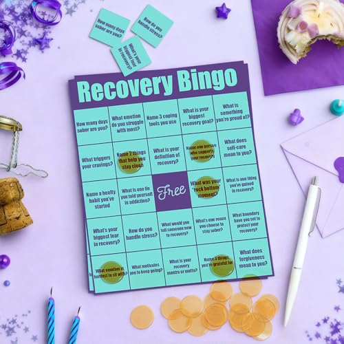 Adult Recovery Bingo Game with 24 Cards and 200 Chips - Support Group Activity