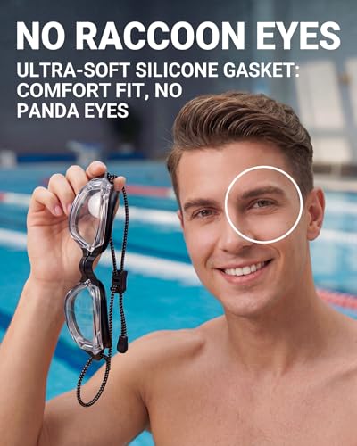 Swim Goggles for Adults & Youth - No Leaking, Full Protection - Transparent Black/Clear
