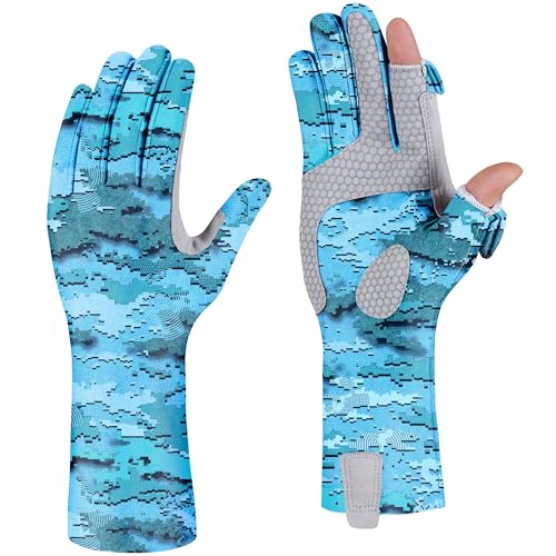 UPF 50+ Fishing Gloves - Full Finger Sun Protection, Camouflage Blue, Medium