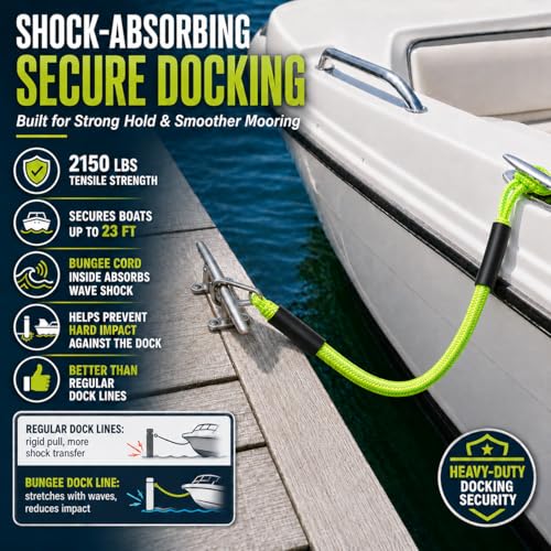 Bungee Dock Lines with Clip End (1 Loop 1 Clip) Green/Yellow – Quick No-K knot Dock Rope for Jet Ski PWC Pontoon