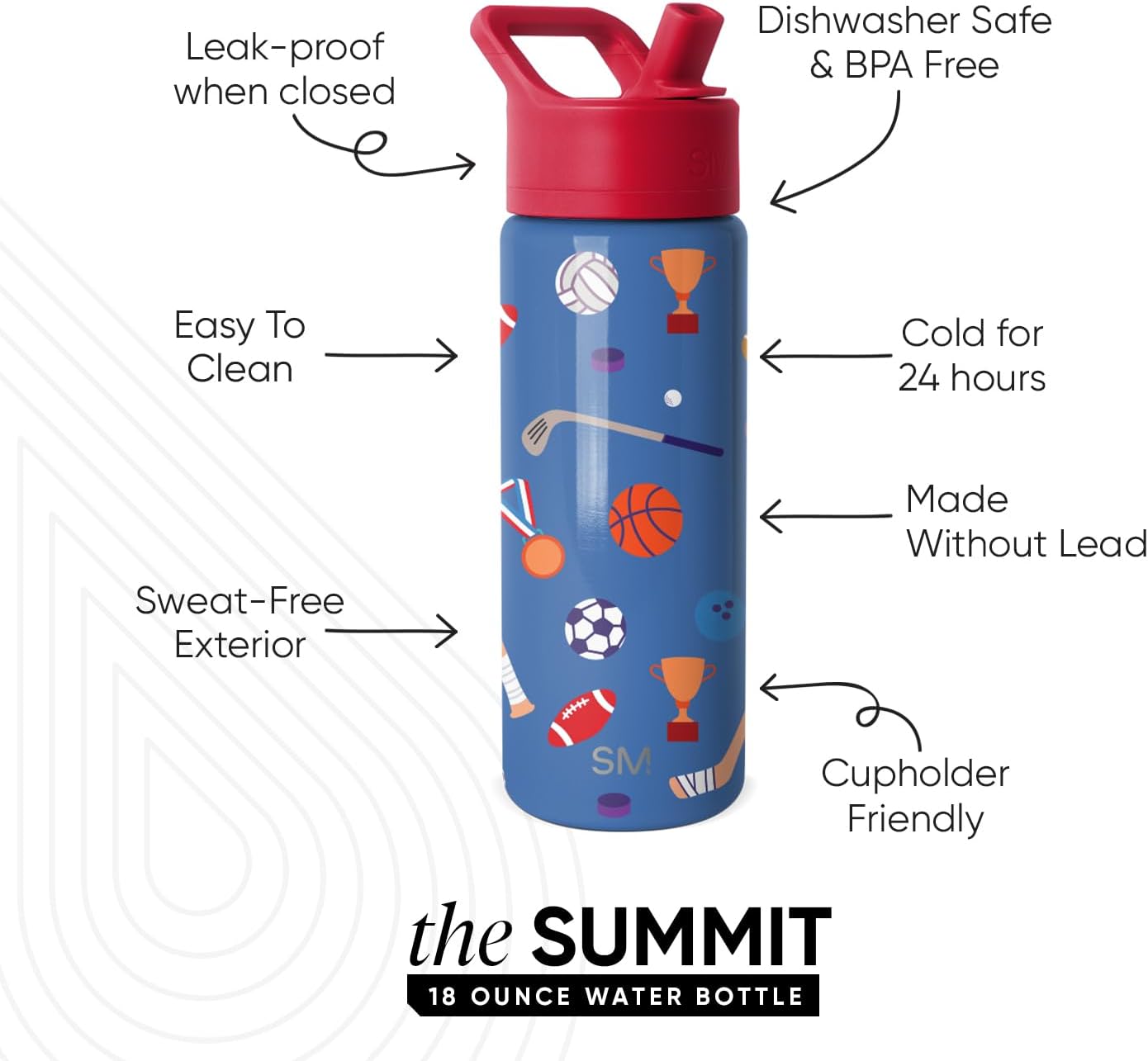 Simple Modern Kids Summit Water Bottle - Insulated 18oz Stainless Steel Tumbler with Straw Lid | Sports Balls Design