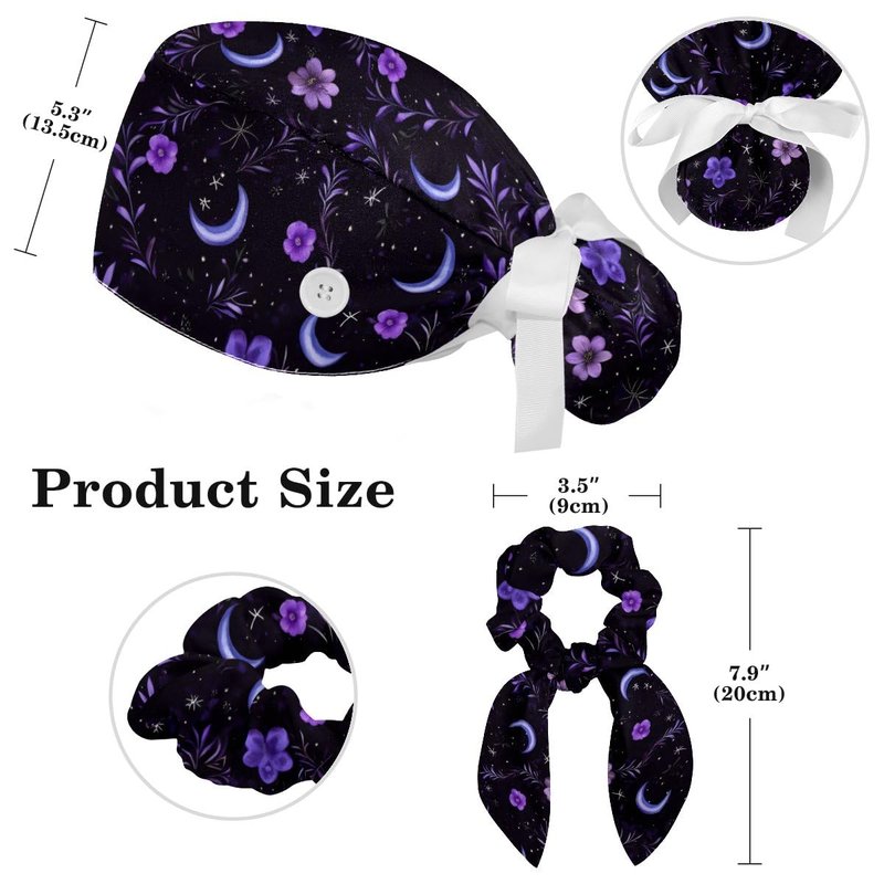Scrub Caps Women, Surgical Caps with Buttons, Ponytail Nurse Hat, Bouffant Scrub Hats with Hair Scrunchy Adjustable, Moon Purple Floral Star Vintage Wildflower Pastorable