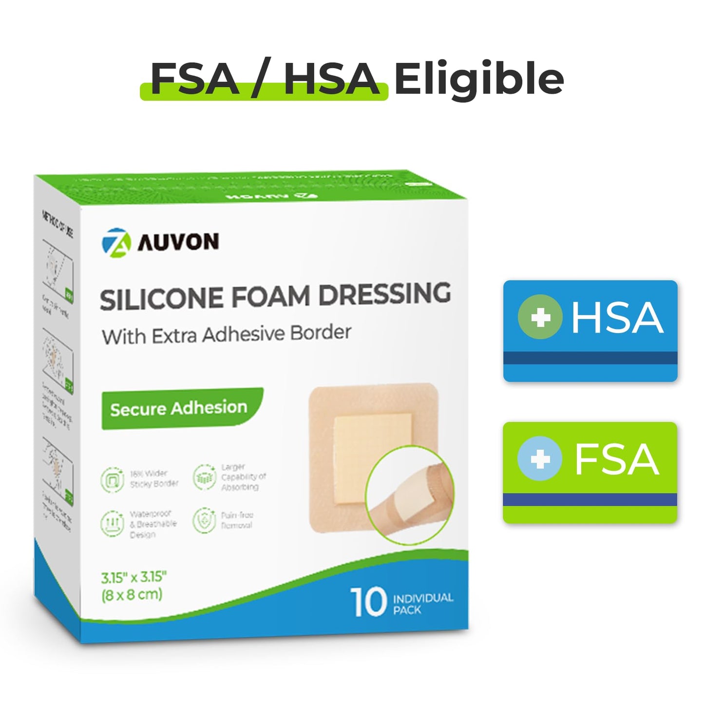 AUVON Silicone Foam Dressing with Large Adhesive Border, 3" x 3" 10 Packs Wound Dressing Bandage with High Absorbency, Waterproof Silicone Foam Pads for Wound Care & Protection Plus Cushioning